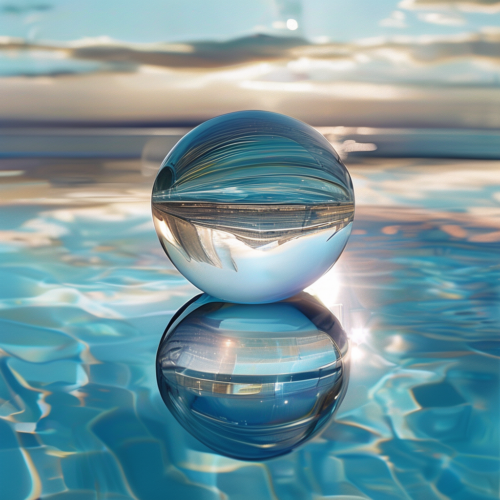 A clear glass sphere sitting on a mirror surface near a pool