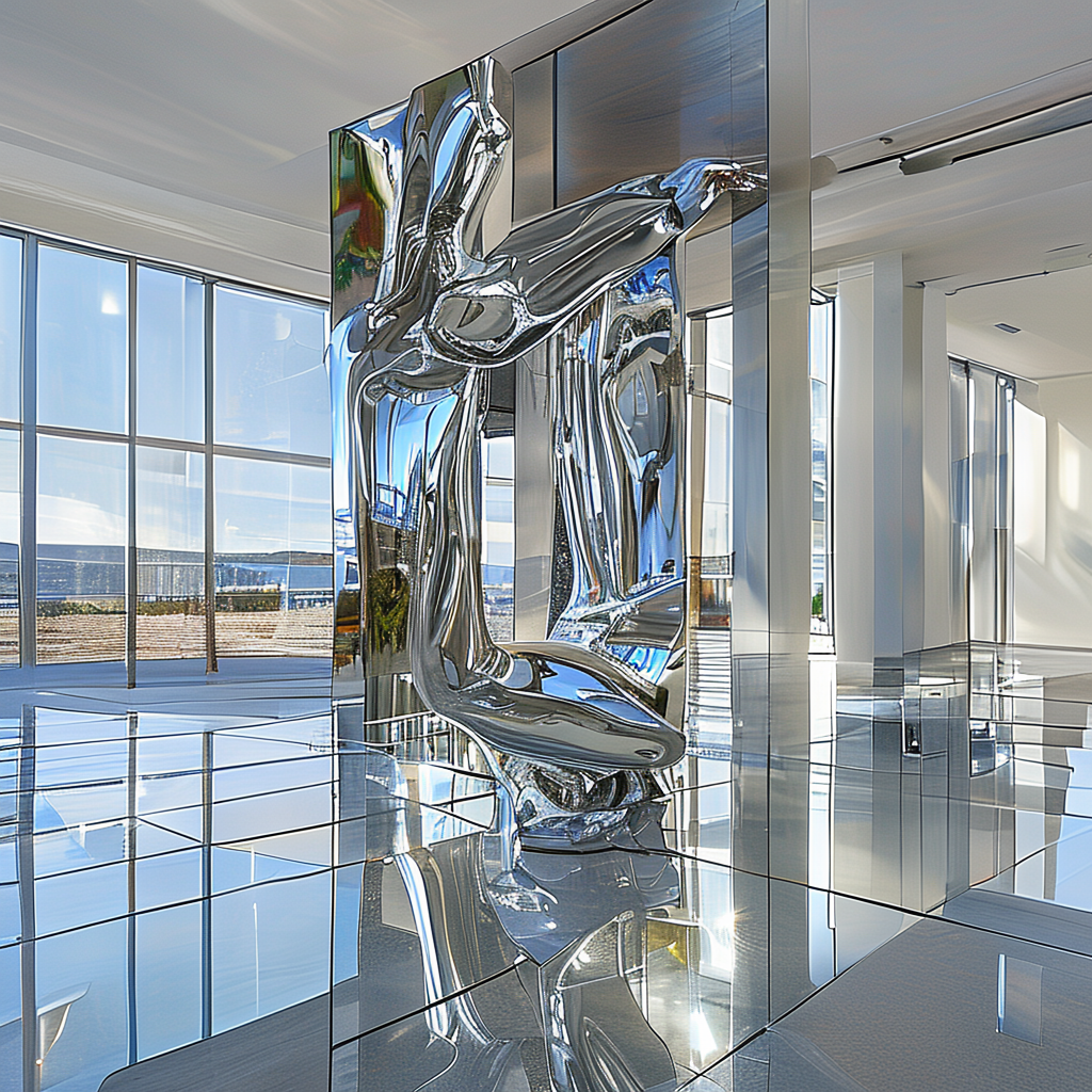 A chrome sculpture in a room with a glass floor and large wi