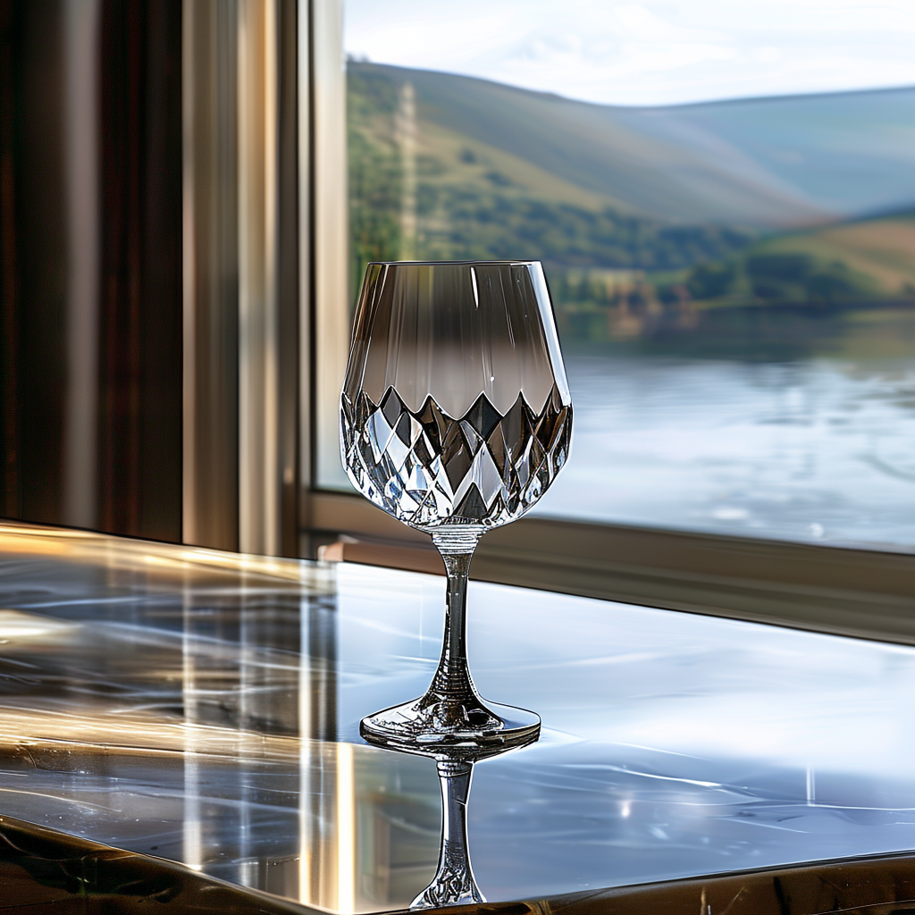 A crystal wine glass on a polished marble counter next to a 