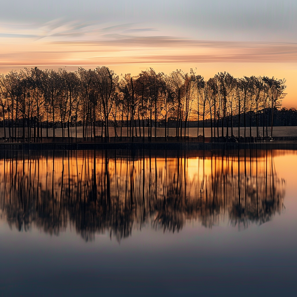 A row of trees reflected in a calm lake at sunset, with the 