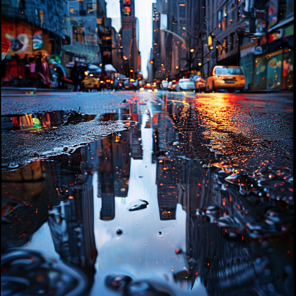 A city skyline reflected in a rain puddle on a street, with 