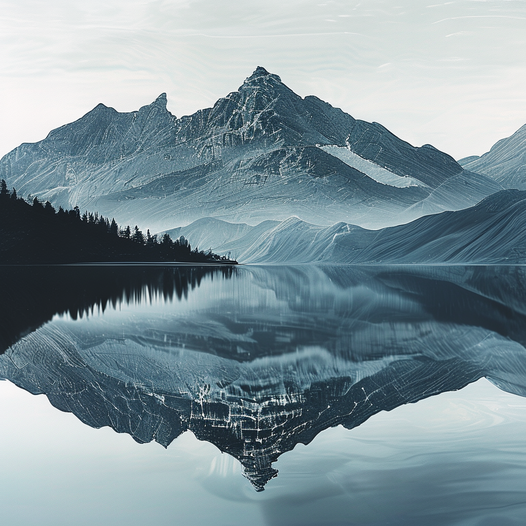 A mountain range reflected in a still alpine lake, with the 