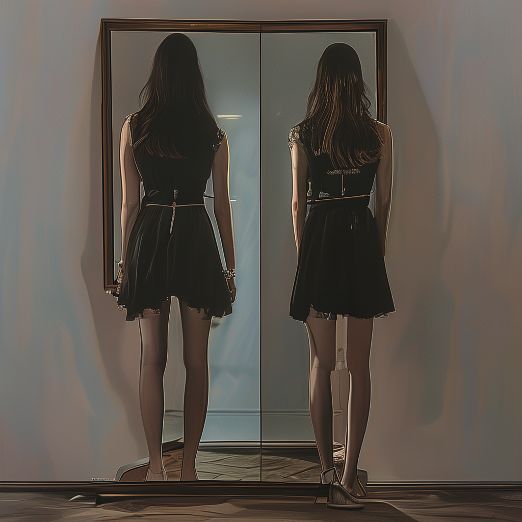 A woman standing in front of a full-length mirror, her refle