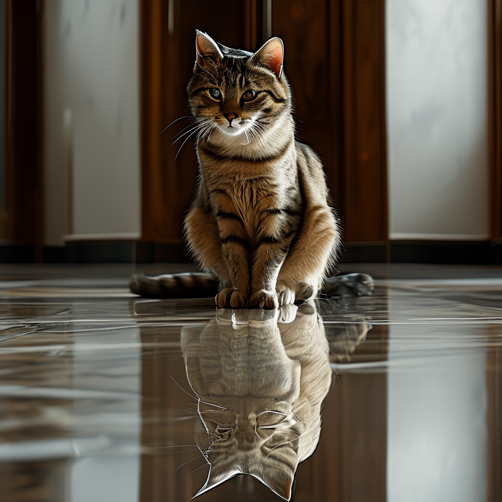 A cat sitting on a polished marble floor with its reflection