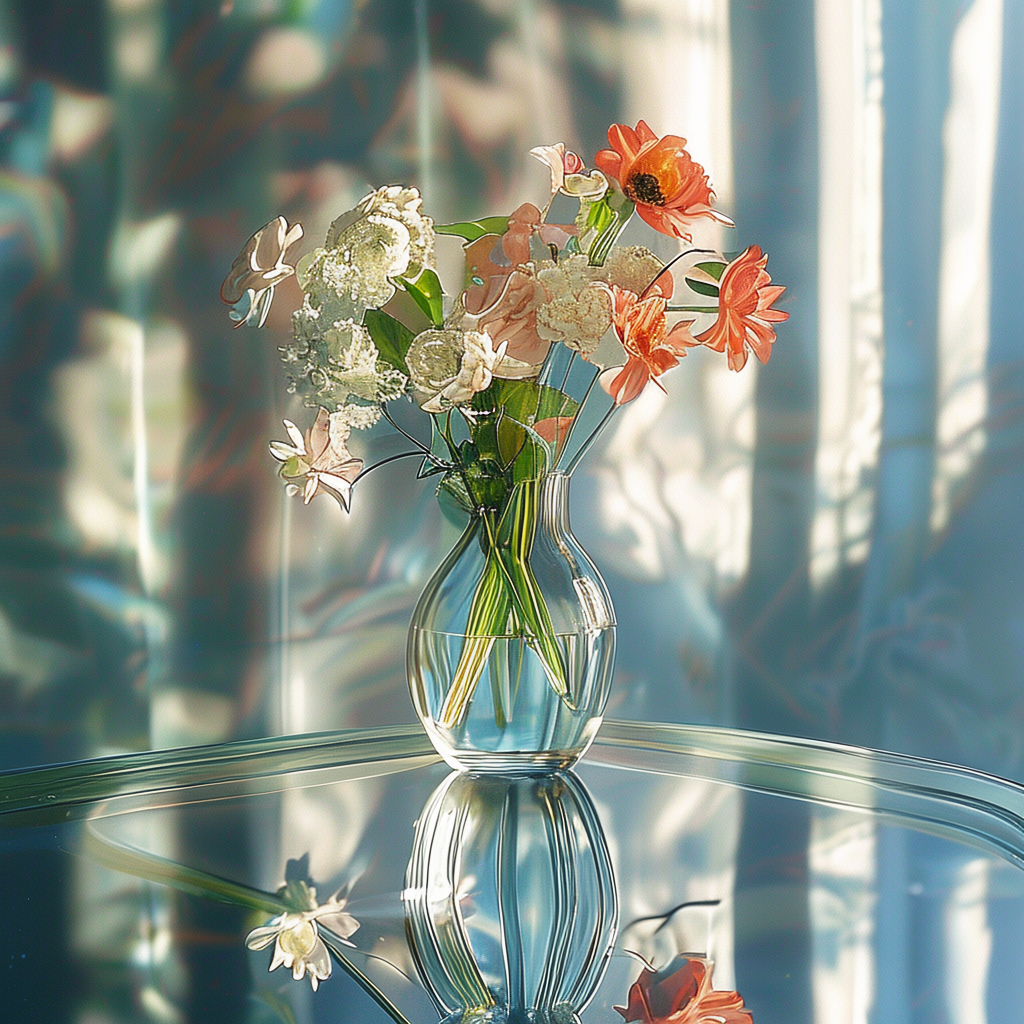 A vase of flowers on a glass table with a clear reflection v
