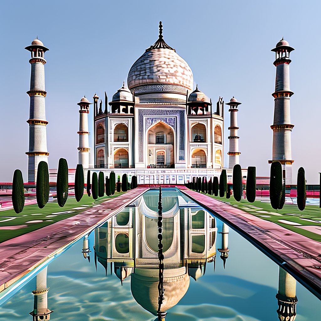 The Taj Mahal in Agra seen from the reflecting pool, with ac