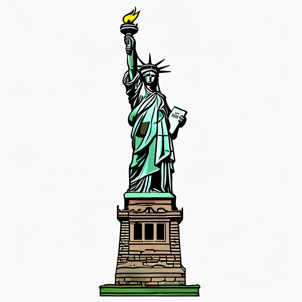 The Statue of Liberty on her island pedestal, with correct t
