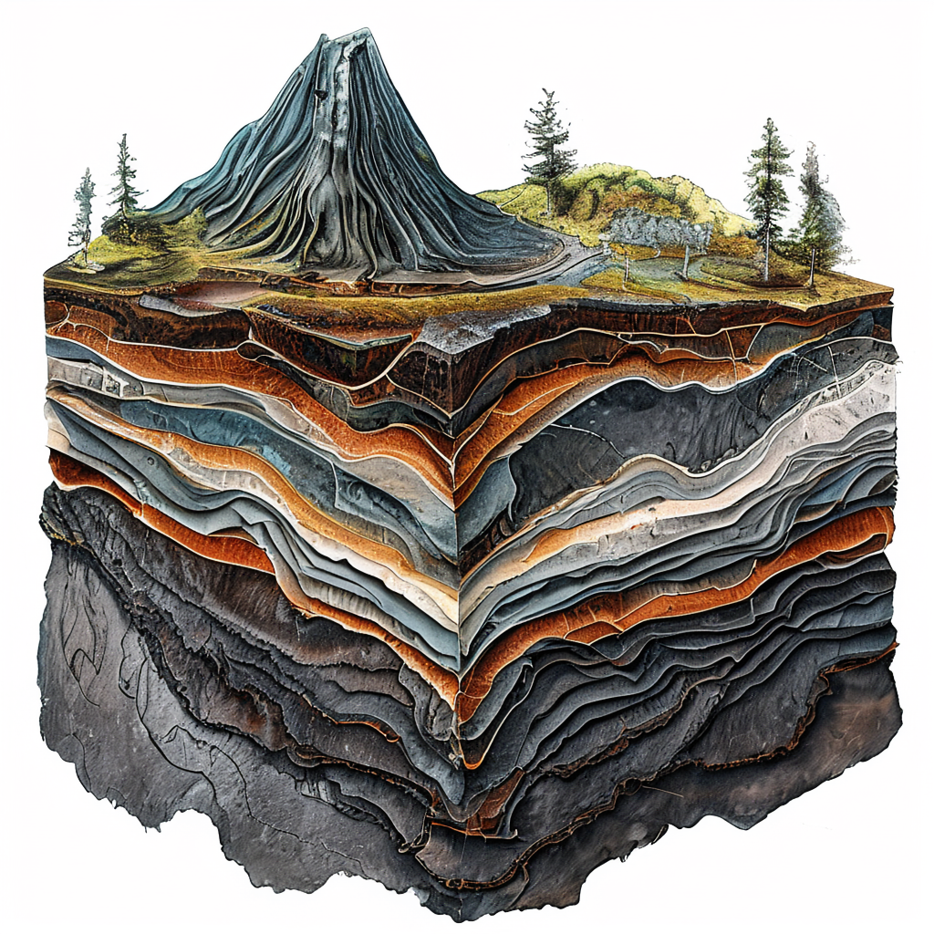 A cross-section showing tectonic plates at a convergent boun