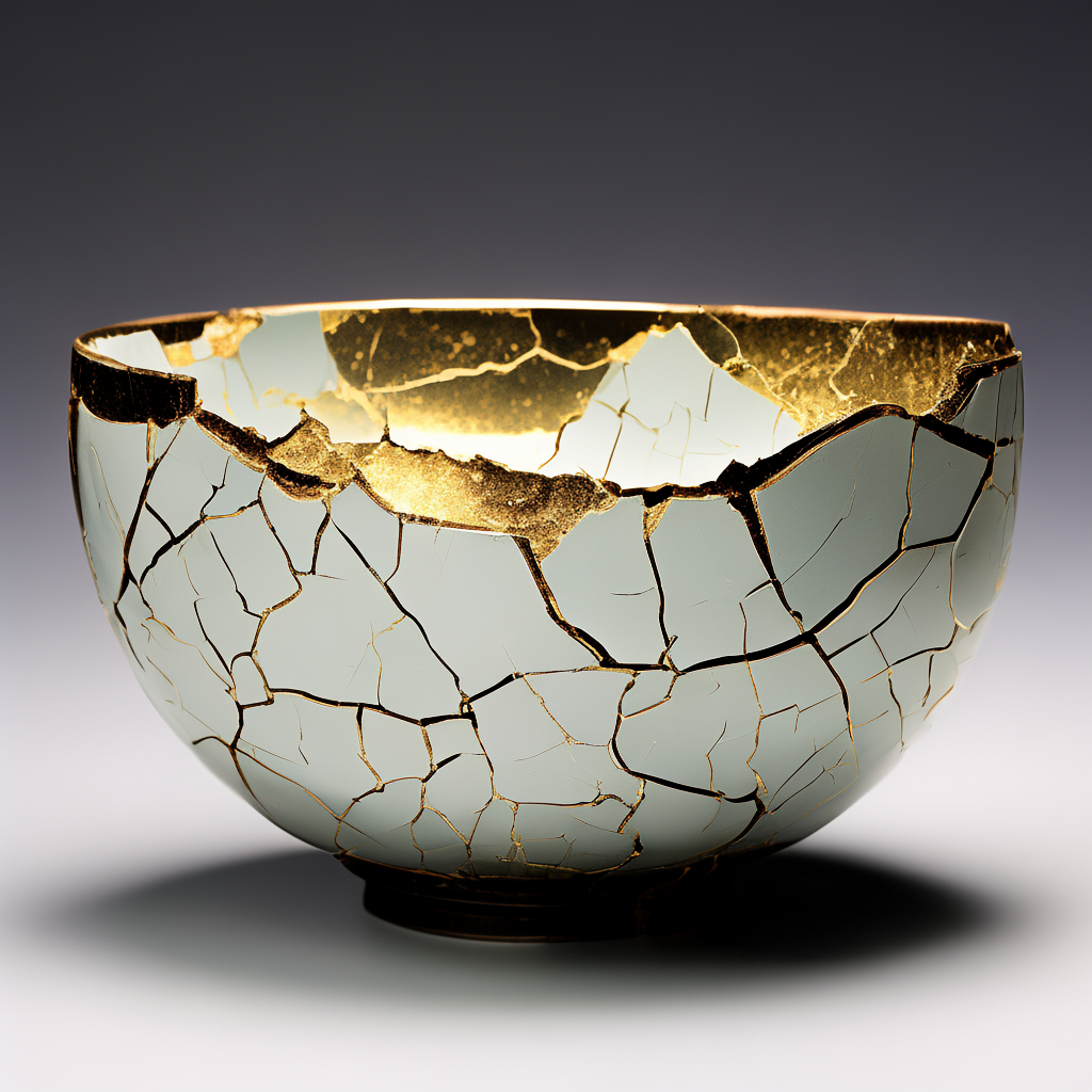 A Japanese kintsugi bowl — cracked ceramic repaired with vis