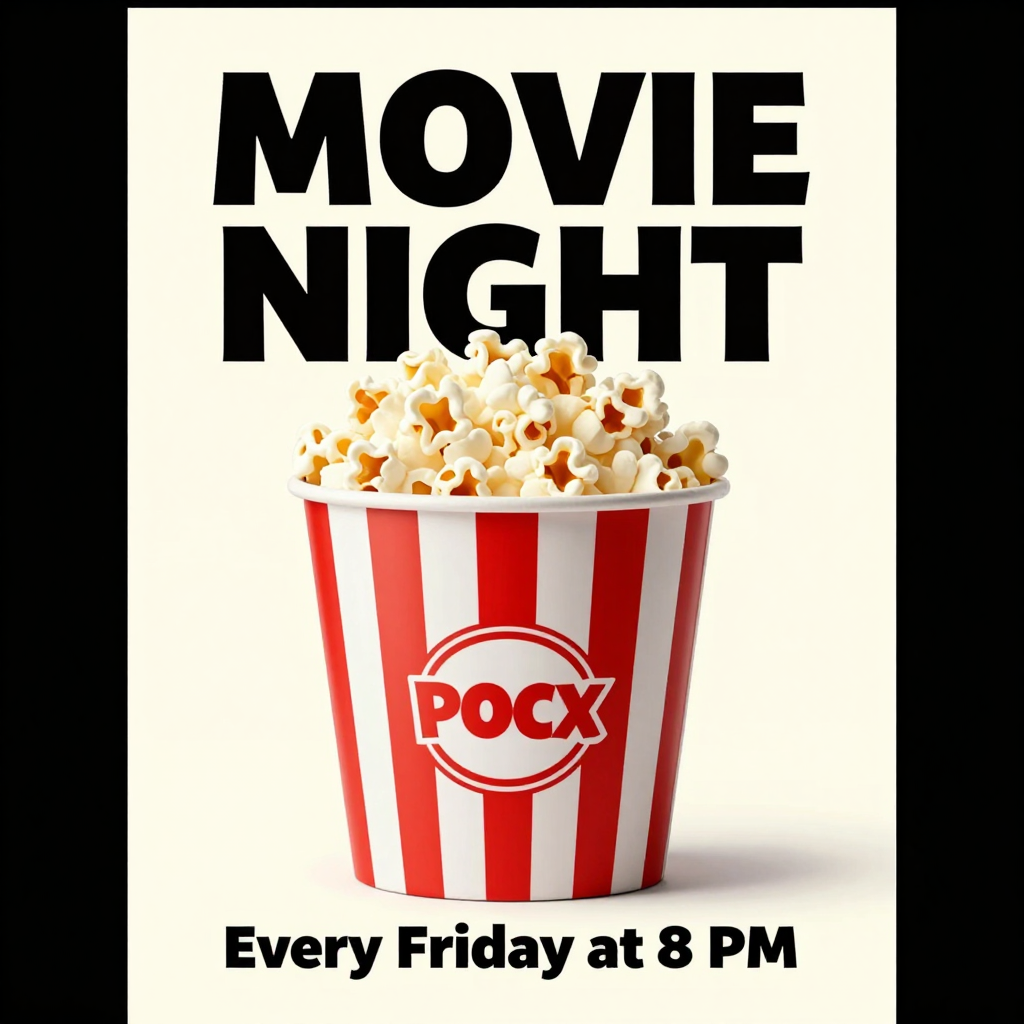 A movie night poster with a large popcorn image in the cente