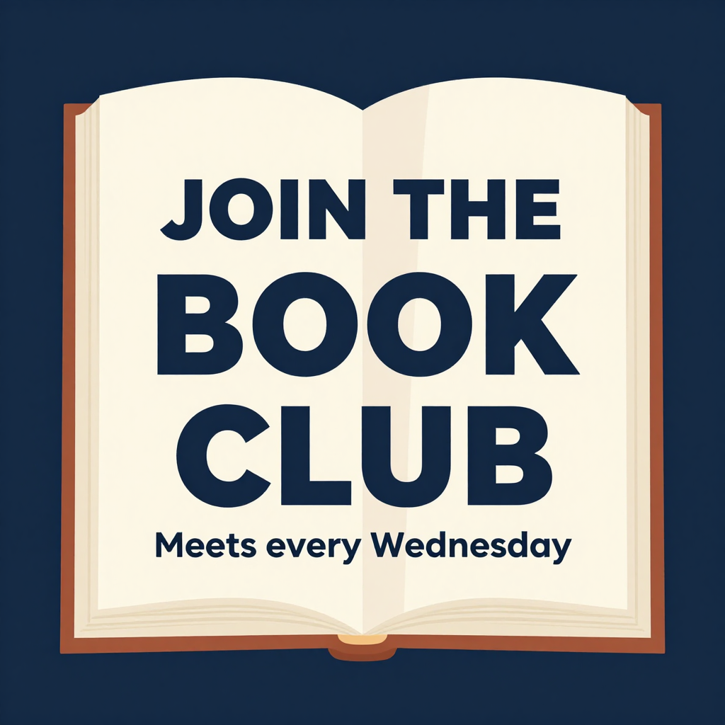 A book club poster with an open book illustration, the title