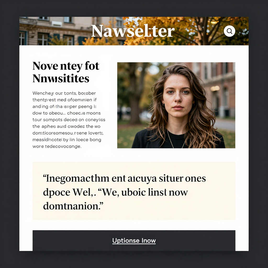 A newsletter layout with a banner image header, a two-column