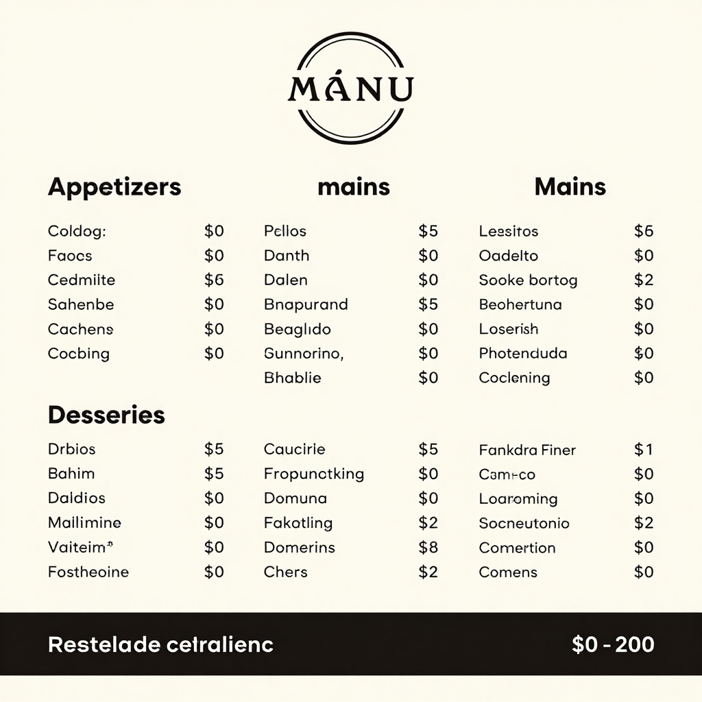 A restaurant menu layout with a logo header, three category 