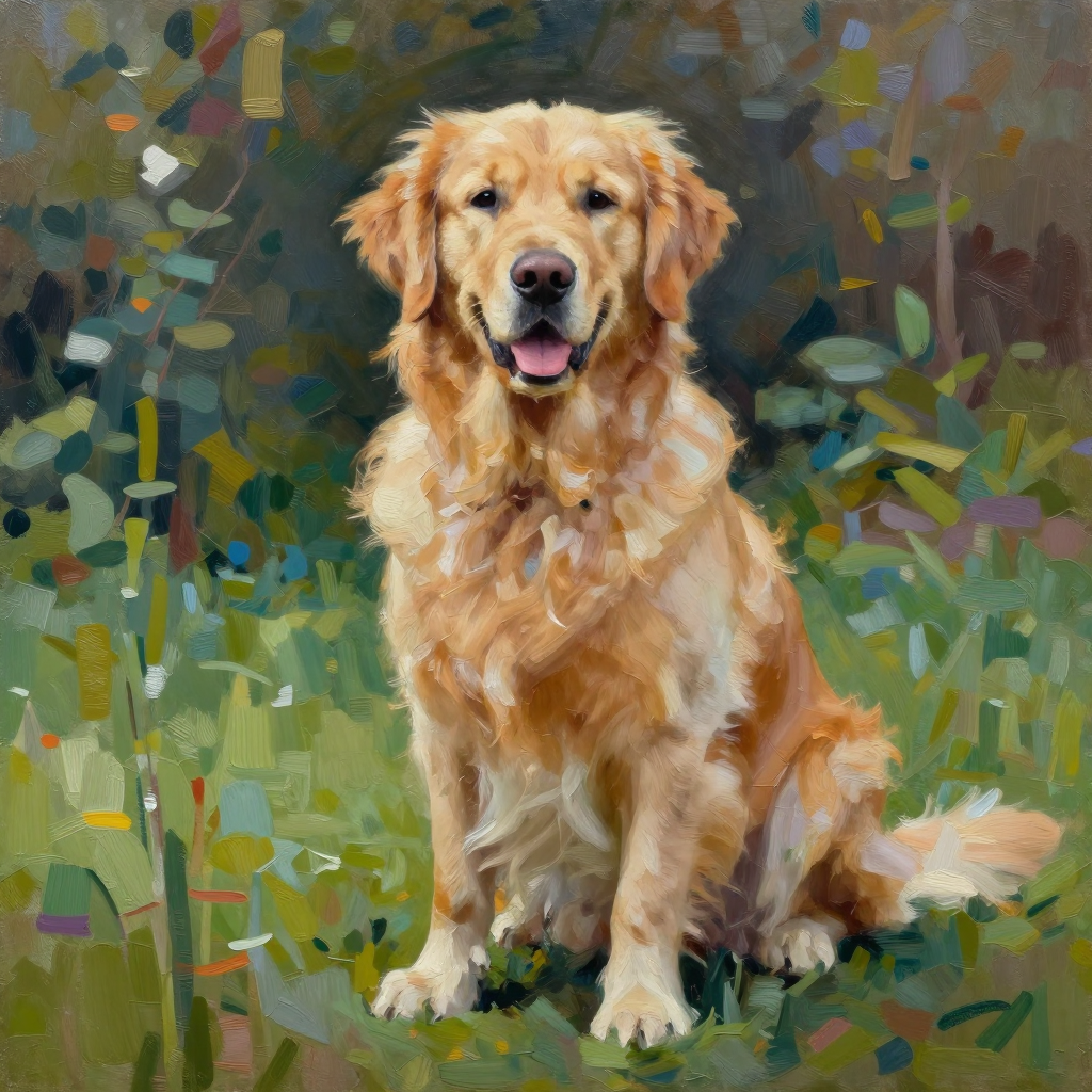 A golden retriever sitting in a garden, painted in the style