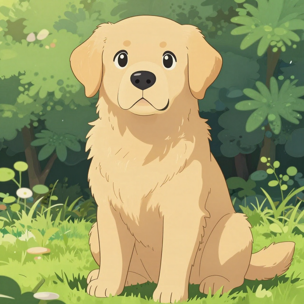 A golden retriever sitting in a garden, rendered in Japanese
