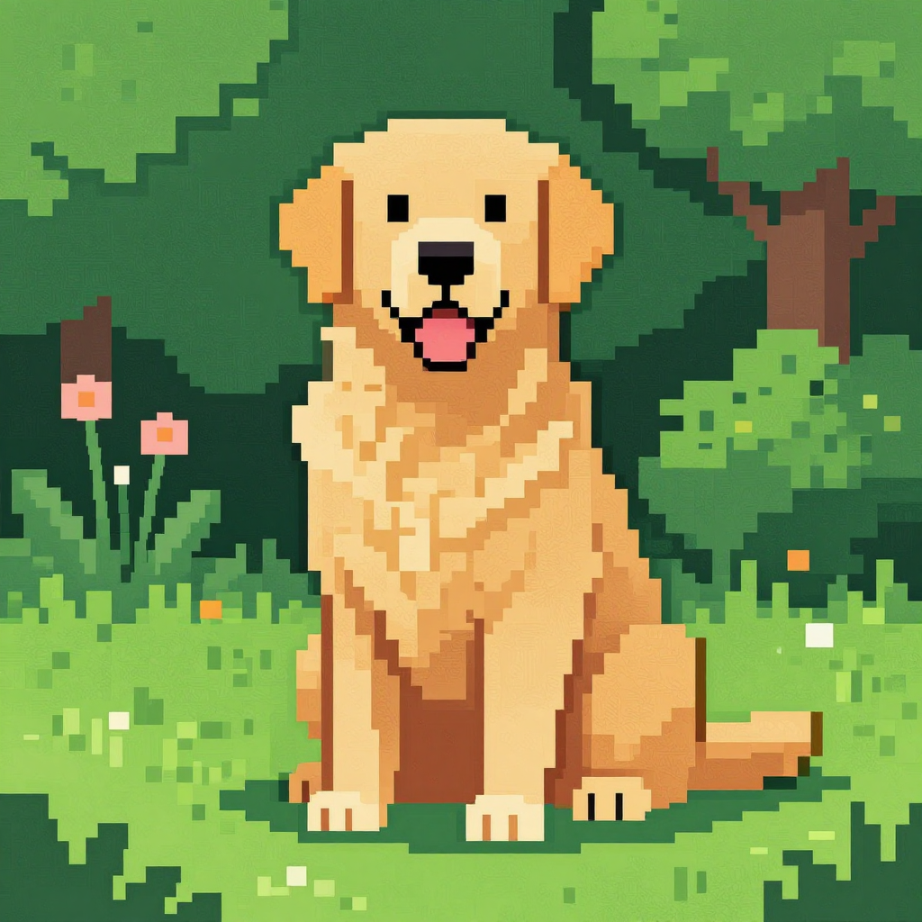 A golden retriever sitting in a garden, rendered in pixel ar