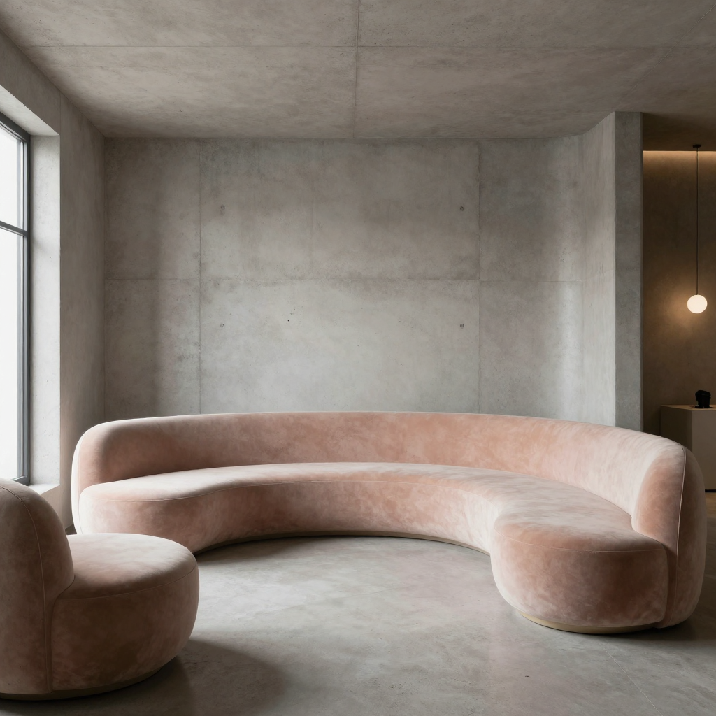 An interior scene rendered in soft brutalism — raw concrete 