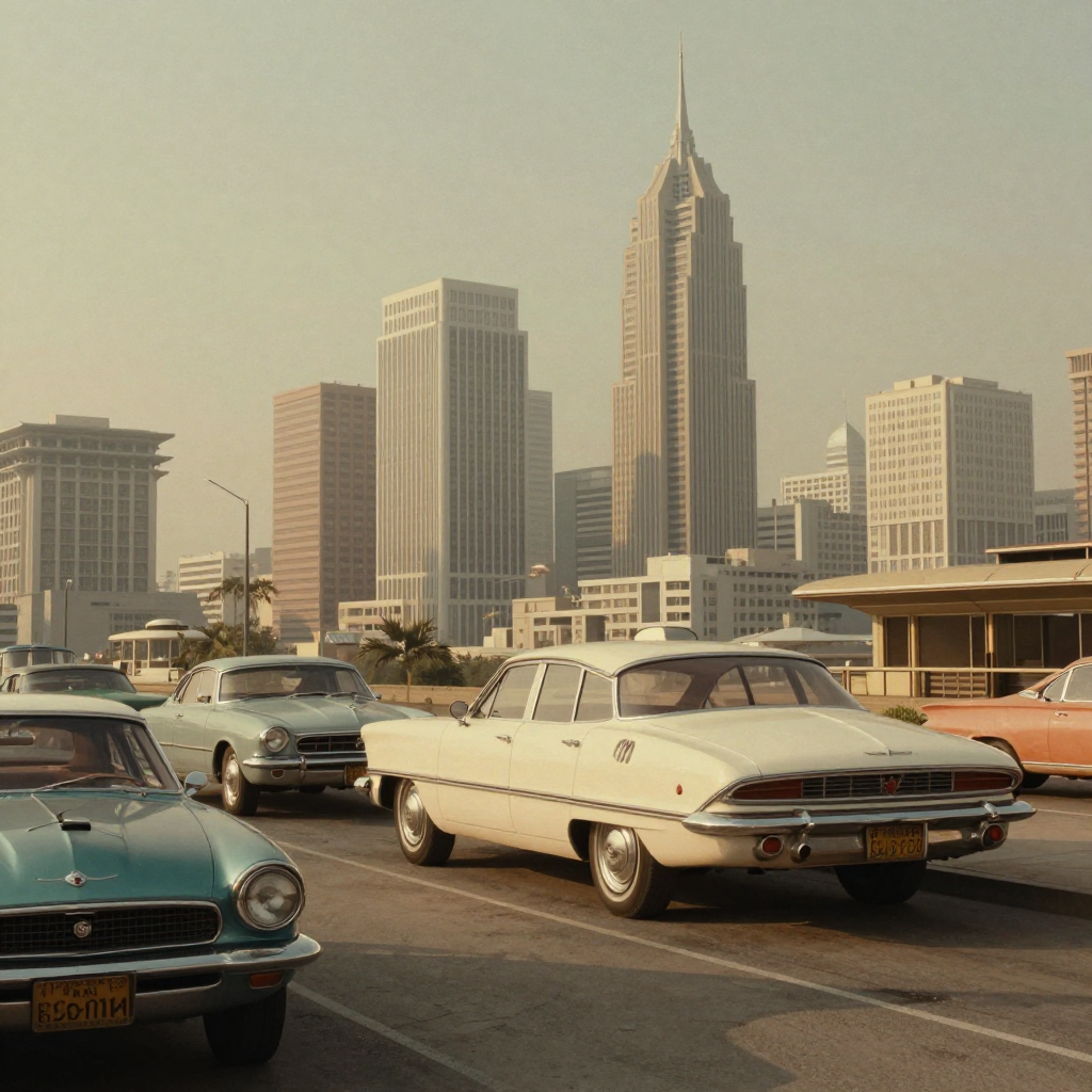 A cityscape rendered in nostalgic futurism — retro-futuristi