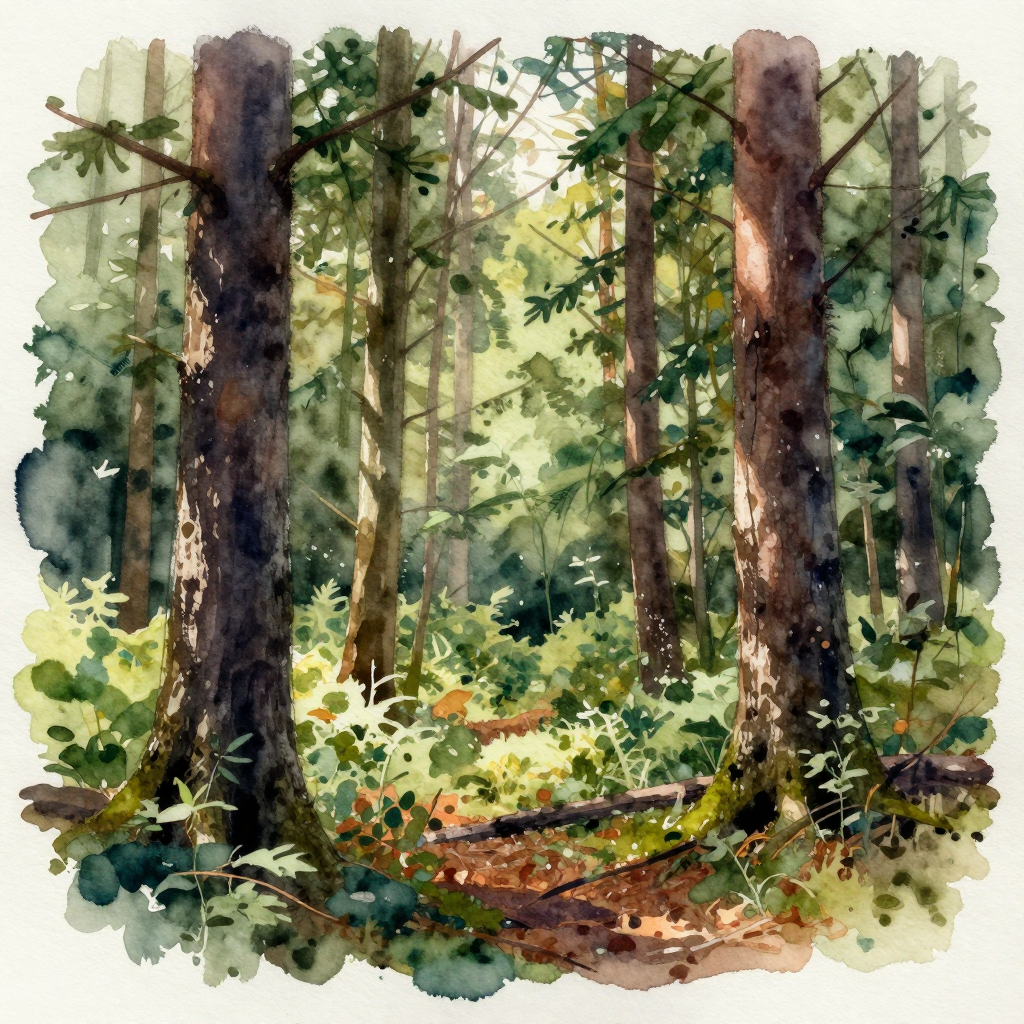 A forest rendered in photorealistic watercolor — the detail 