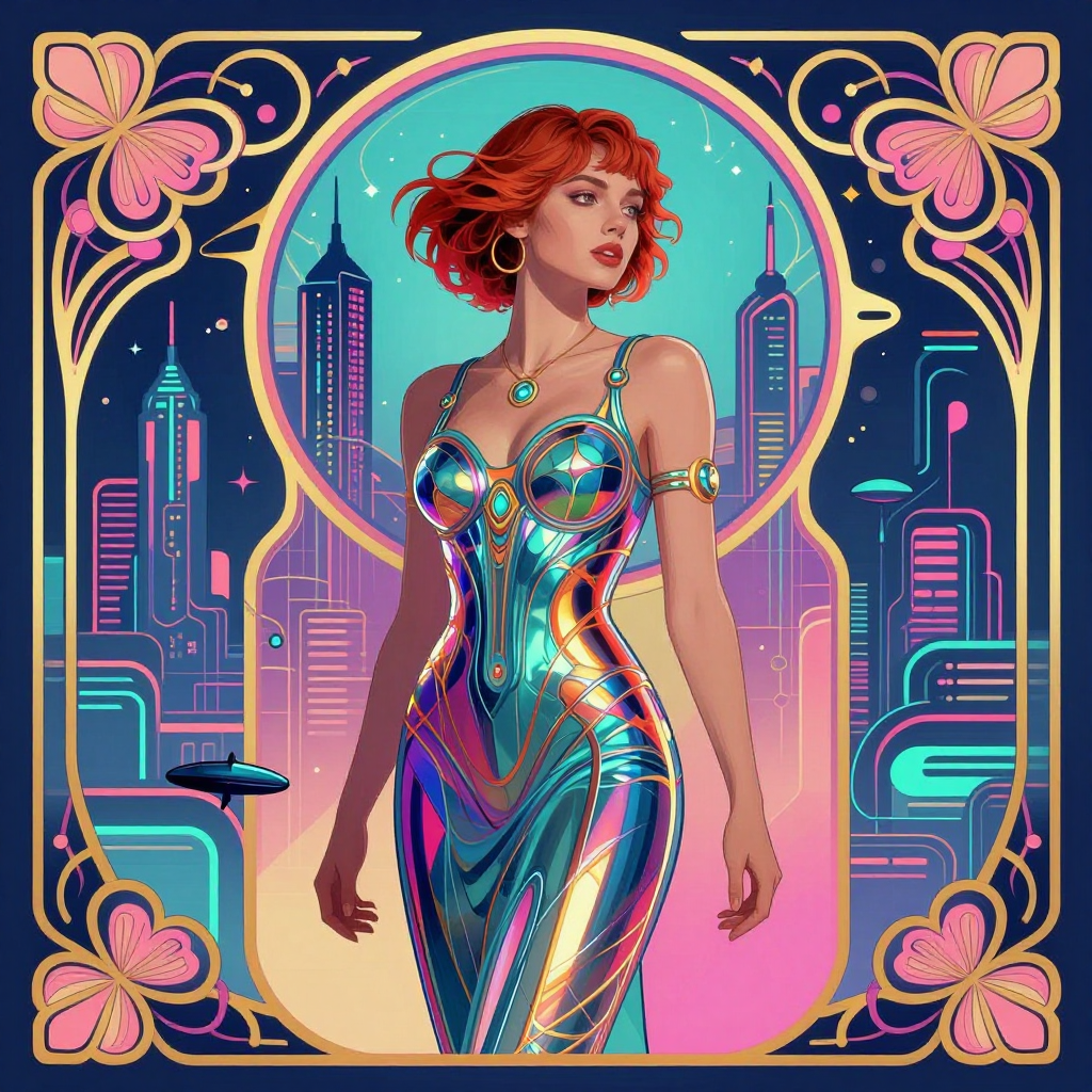 A woman in a futuristic city rendered in cyberpunk Art Nouve