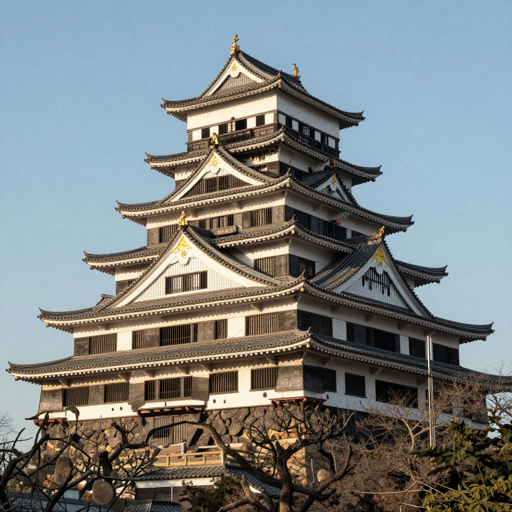 A medieval castle depicted in Japanese ukiyo-e woodblock pri