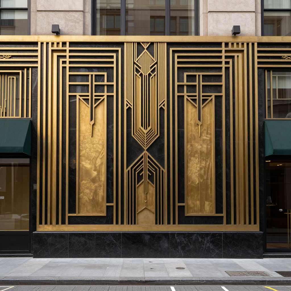 A city street scene in the style of Art Deco — geometric sha