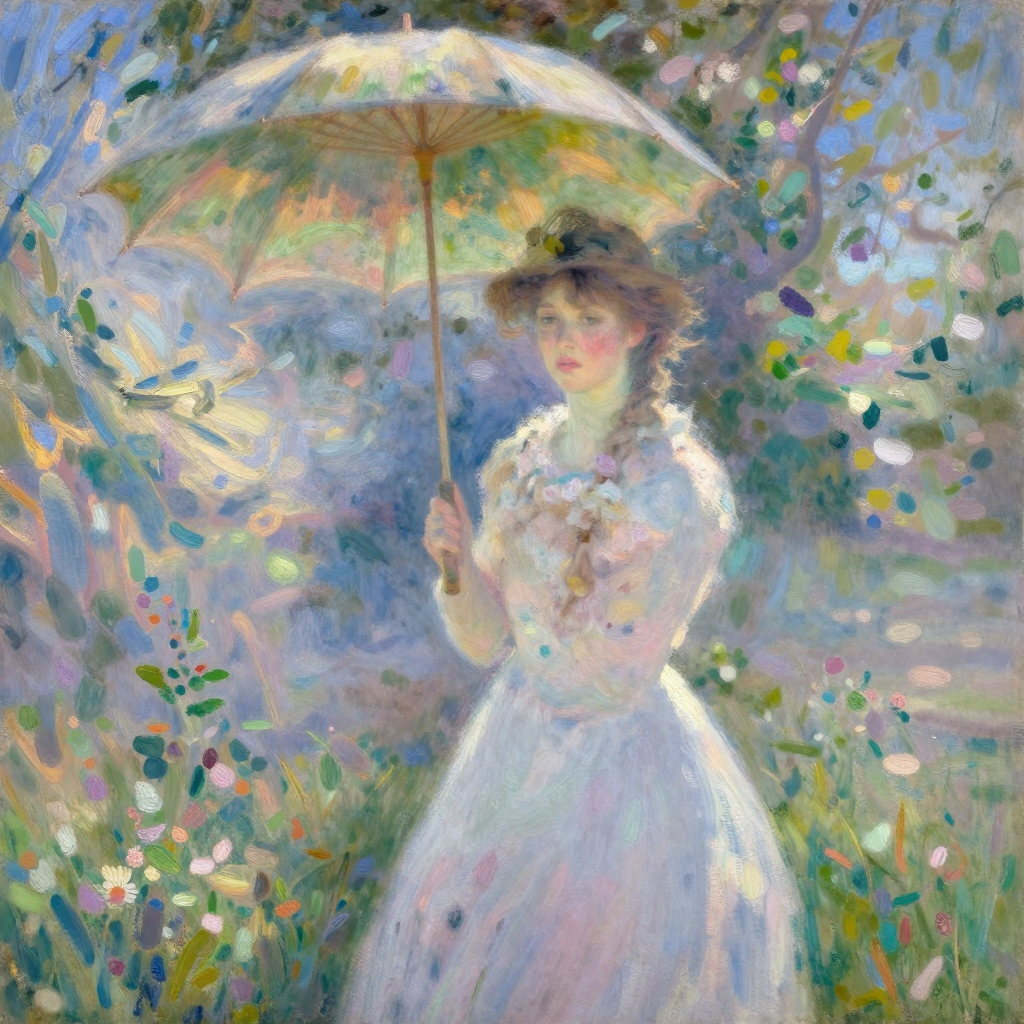 A woman with a parasol in the style of Impressionism — soft 