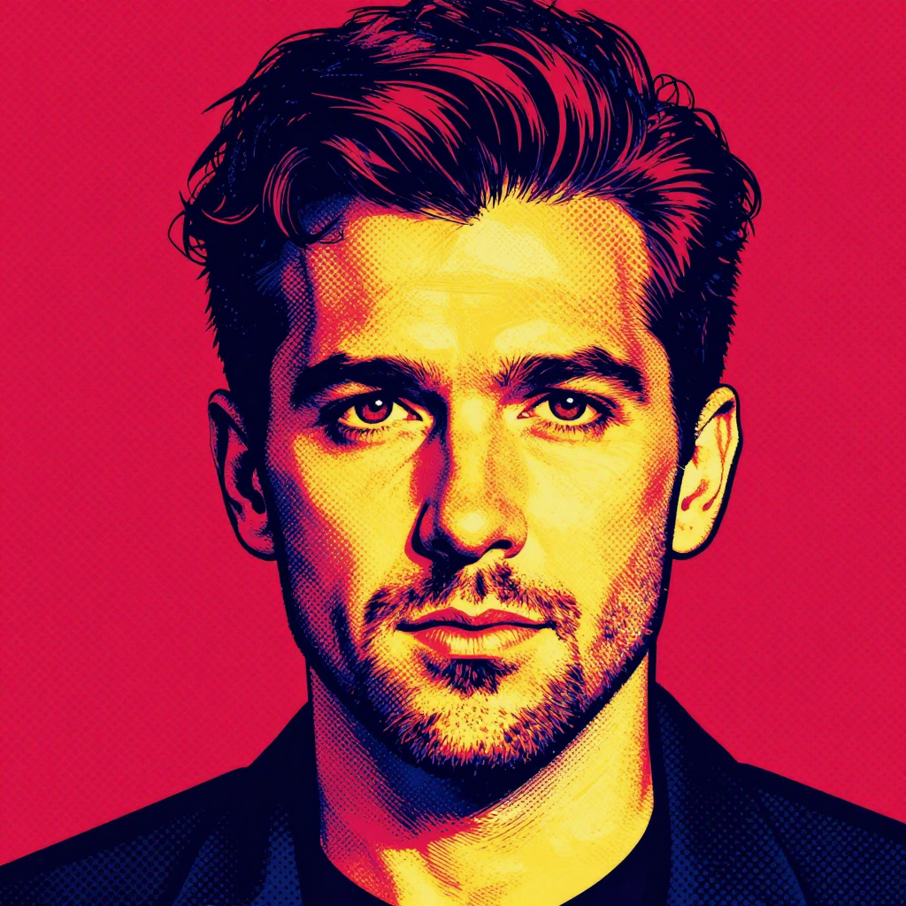 A portrait of a man in Pop Art style — bold outlines, Ben-Da