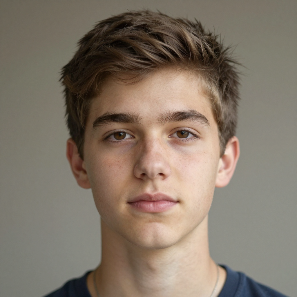 A headshot of a teenager with a relaxed, neutral face