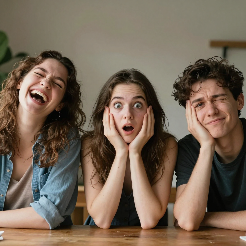 A group of three friends at a table: one laughing with head 