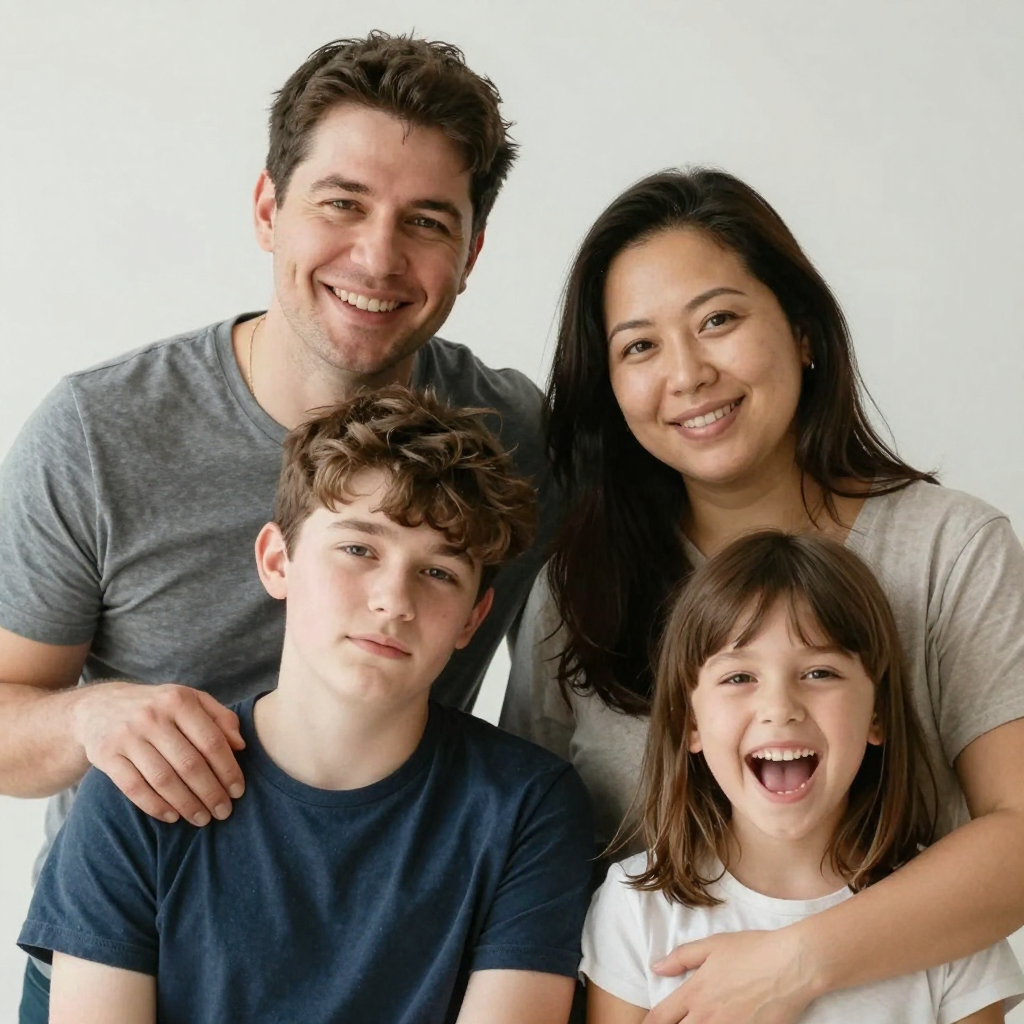 A family photo with four people: a father beaming with pride
