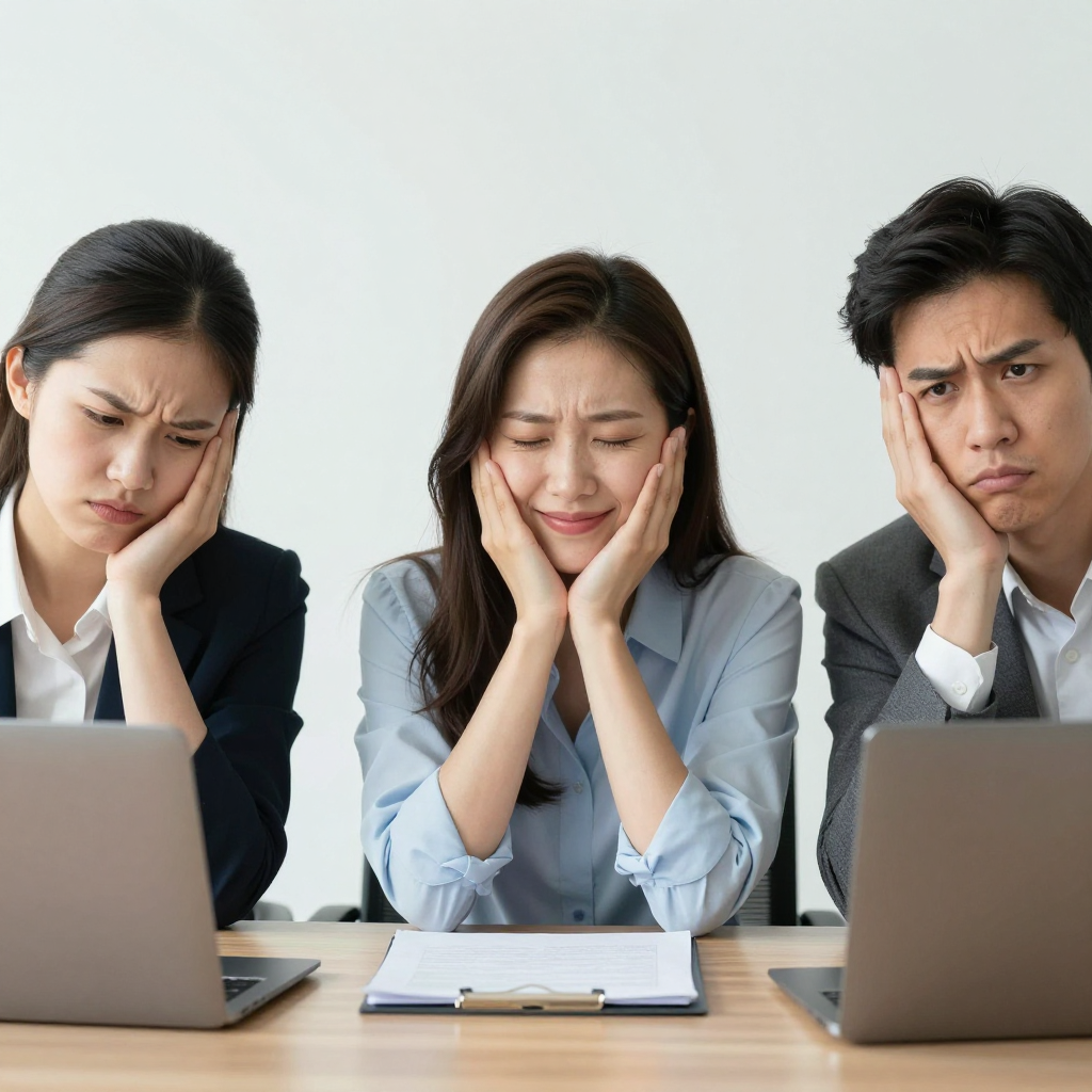 Three coworkers in a meeting: one looking frustrated with fu