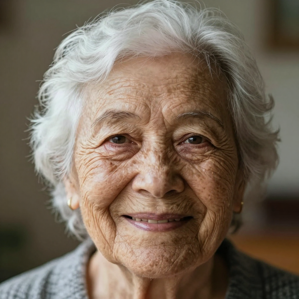 An elderly woman in her 80s with deep wrinkles and white hai