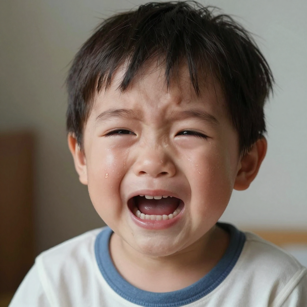 A 5-year-old child with round cheeks and large eyes, crying 