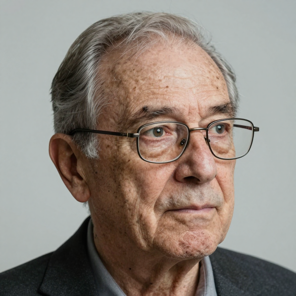 An elderly man in his 70s with age spots and thinning gray h