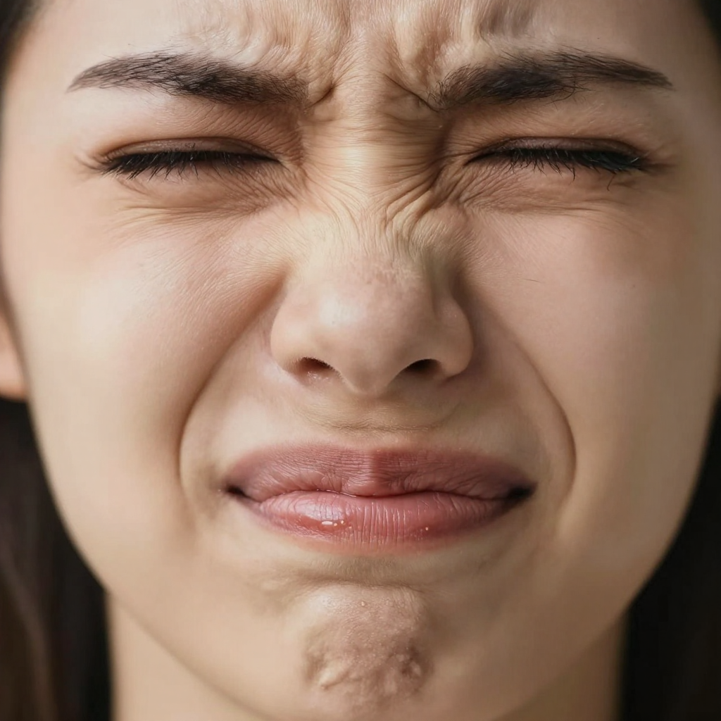 A close-up of a person's face showing clear disgust, nose wr
