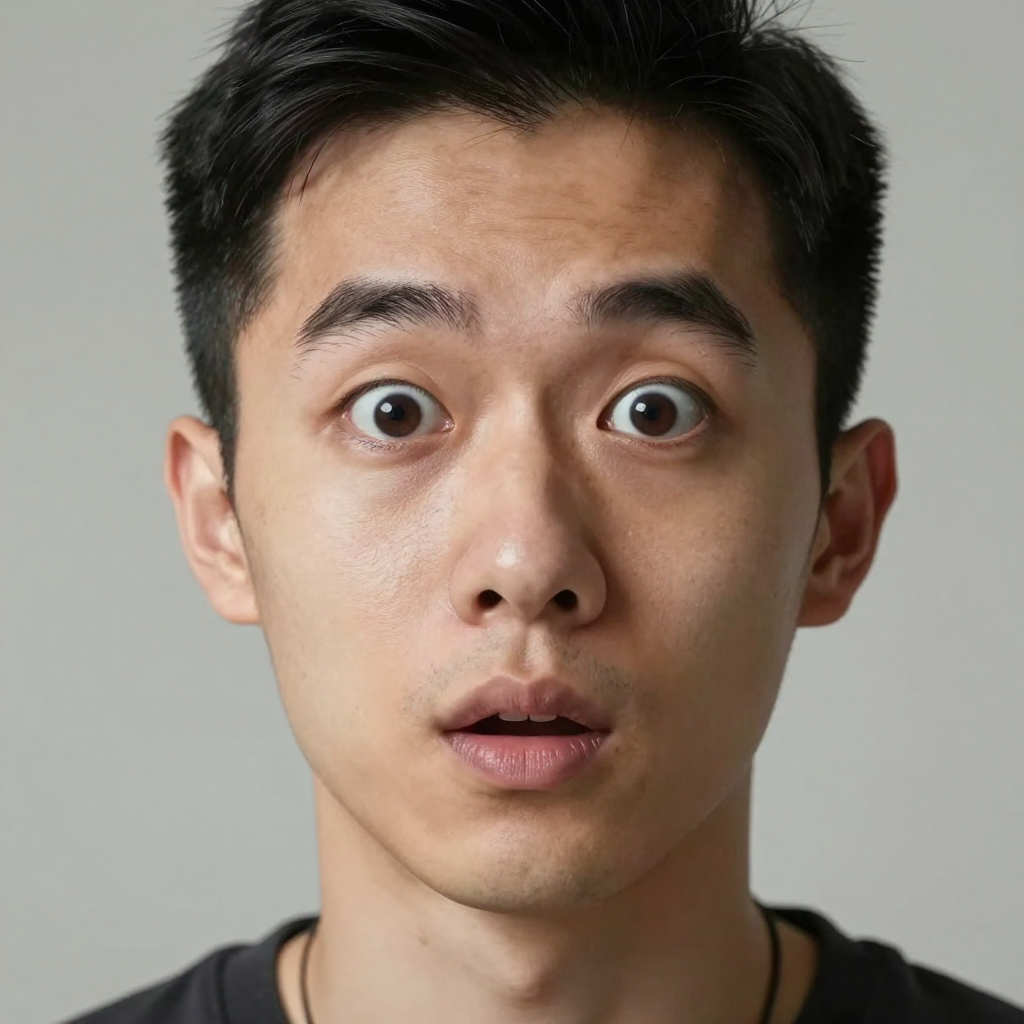 A portrait capturing genuine surprise — raised eyebrows, wid