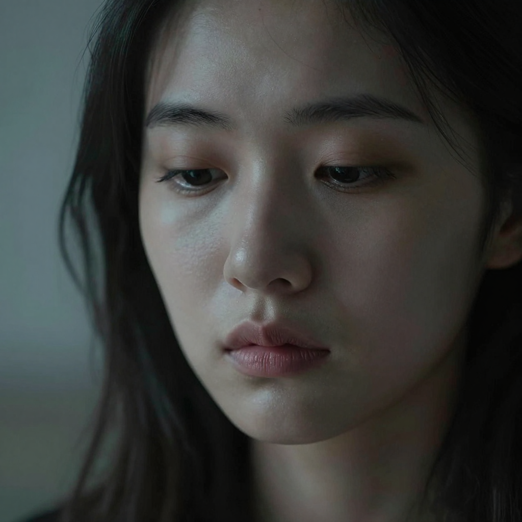 A face showing quiet melancholy — downcast eyes, slightly dr