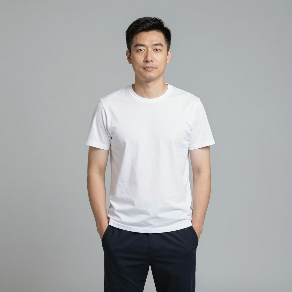 A man standing straight facing the camera, hands in pockets,