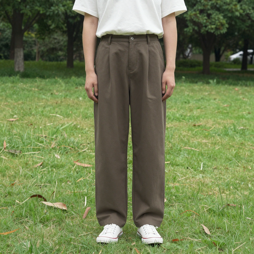 A person standing in a neutral pose in a park, full body vis