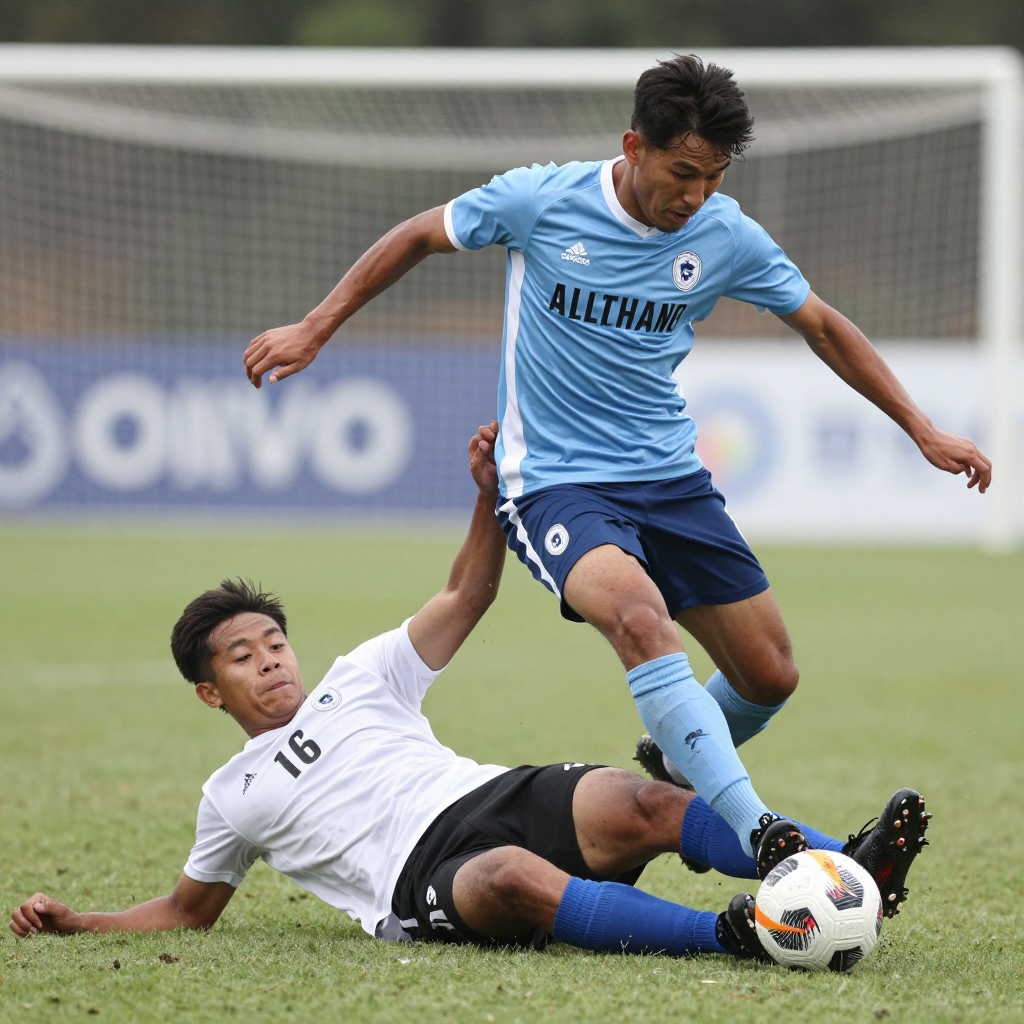 Two soccer players mid-tackle, one sliding and the other jum