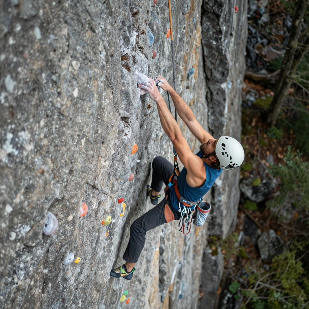 A rock climber clinging to a cliff face with arms and legs e