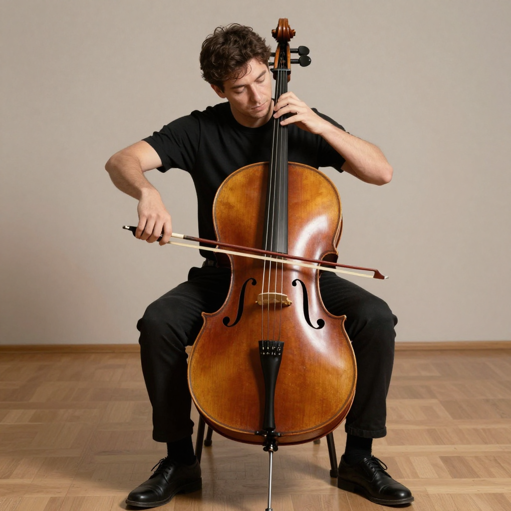 A cellist seated with correct posture, legs around the instr