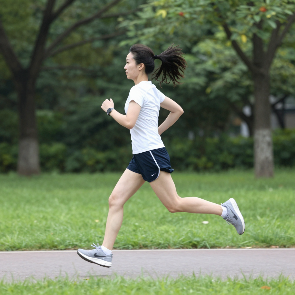 A woman mid-stride running through a park, hair and clothes 