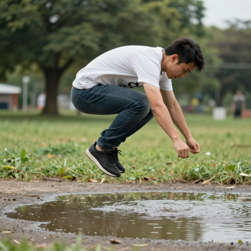 A man captured mid-jump over a puddle, body in the air with 