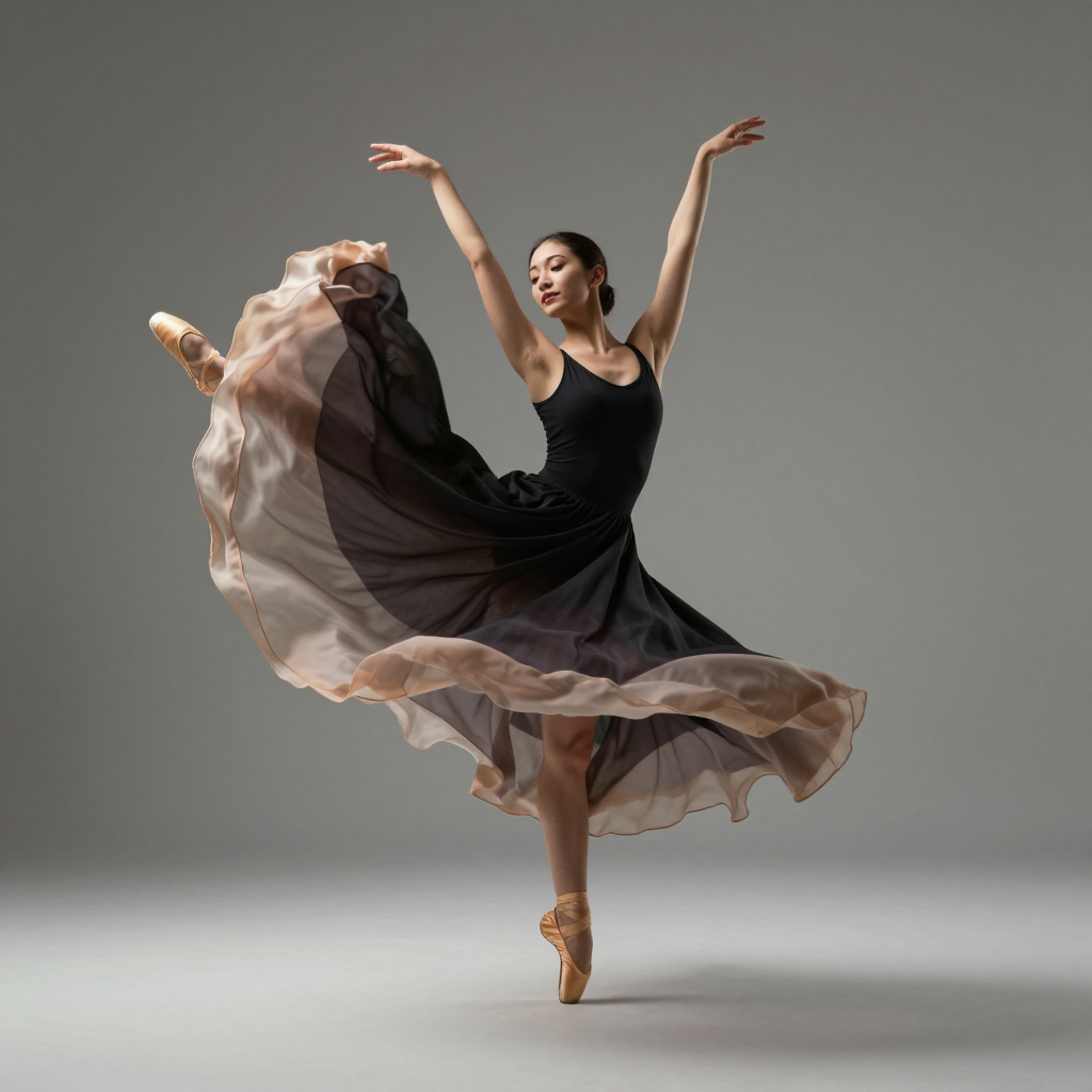A dancer in a dynamic spin, dress flowing outward with one l