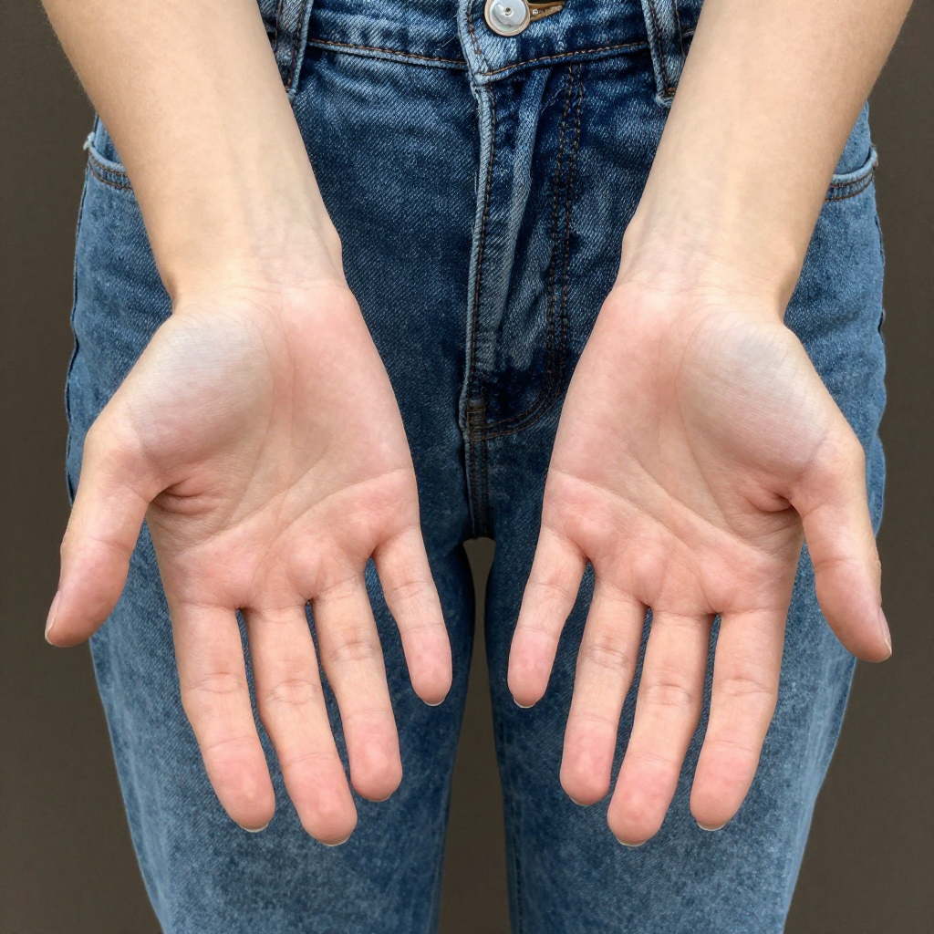 A person standing with both hands visible at their sides, fi