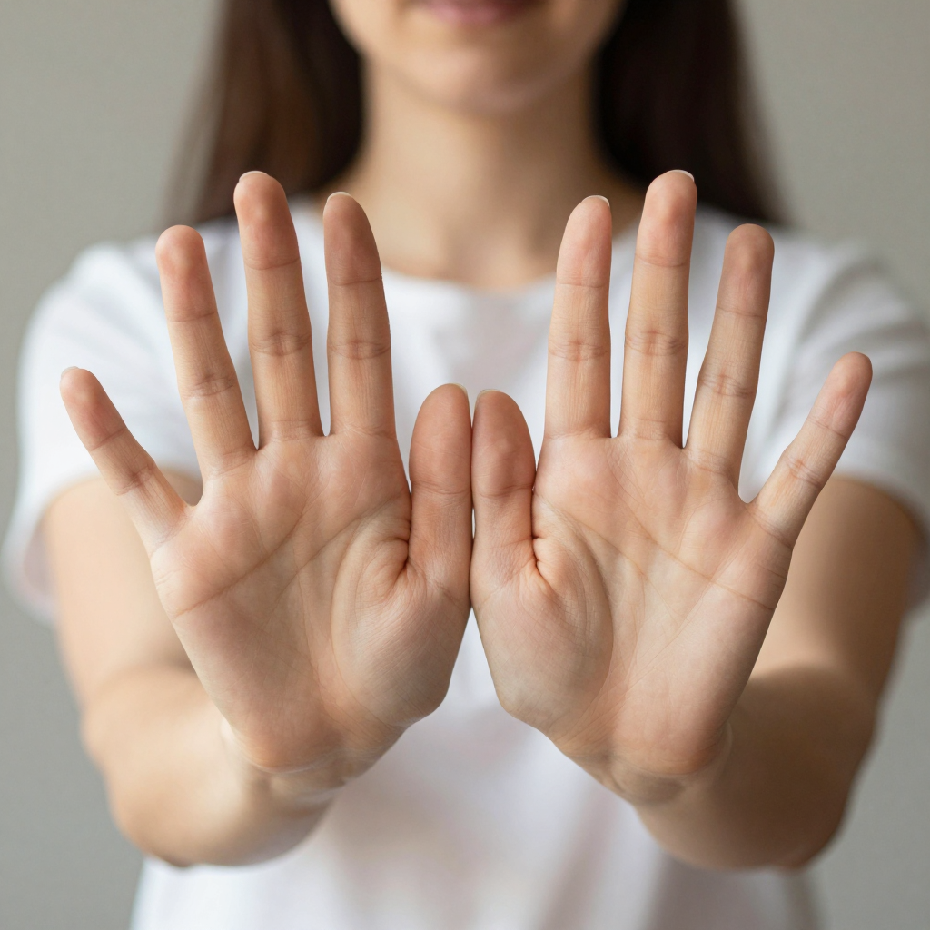 A woman holding her hands out in front of her palms-up, all 