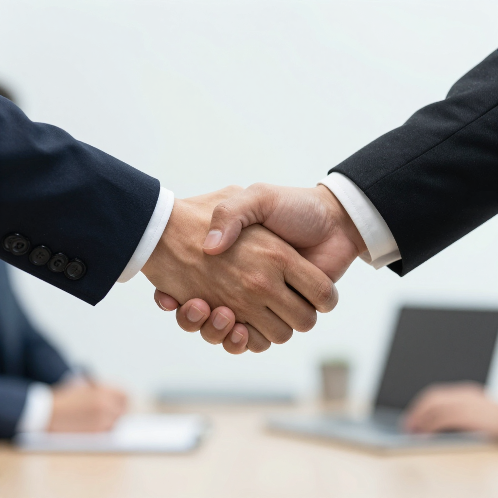 Two people shaking hands in a professional setting, all fing