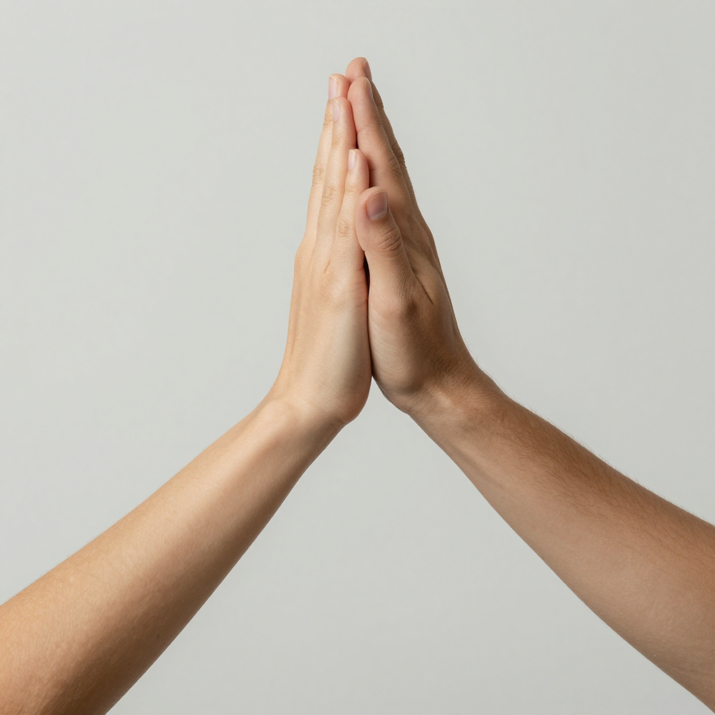 Two people doing a high-five, palms meeting with all fingers